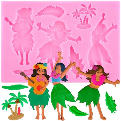 XMOLDNMS Hawaiian Indian Fondant Mould Summer Tropical Palm Leaves Flower Coconut Tree Maiden Silicone Moulds for Cake Decoration Cupcake Topper Candy Chocolate Polymer Clay Gum Paste