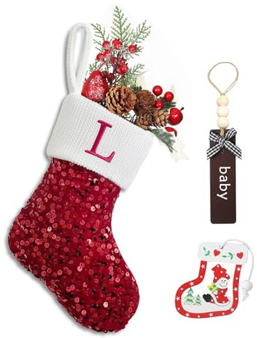 Homemari Personalisierte Weihnachtsstrümpfe mit Buchstaben 18cm Bestickter Nikolausstrumpf Funkelnde Rote Pailletten Weihnachtssocke Kamin hängende Ornamente Geschenkhalter für Weihnachtsbaum L