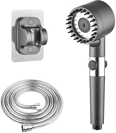 AGSYFFD Pommeau de Douche Haute Pression Anti-Calcaire avec Filtre Remplaçable, Douchette Économique 4Modes (Massage/Jet/Pluie/Eau Douce) + Flexible 2M et Support Murale Amovible