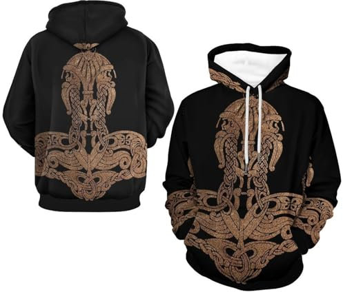 YUERYXH Frühling Herbst 3D-Digitaldruck Wikinger Baum des Lebens Hoodies, Lockeres Langärmliges Paar-Sweatshirt, Atmungsaktiver Pullover(Thor's Hammer,4XL)