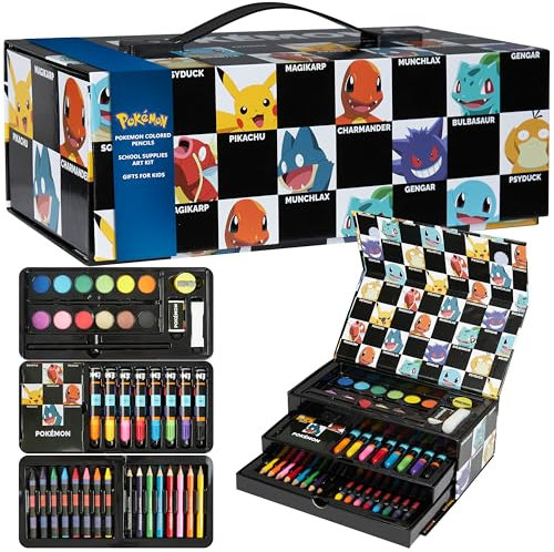Pokemon Art Supplies Set with Colouring Pencils Felt Tip Pens Watercolour Paints Wax Crayons for Drawing Painting Set Pikachu Travel Art Set Anime Gifts (Black)