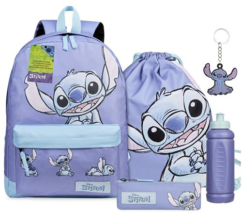 Disney Stitch Sac a Dos Fournitures Scolaires Lot 5 Pièces avec Sac de Natation Trousse Bouteille d'eau et Porte-clés Cadeau Enfant