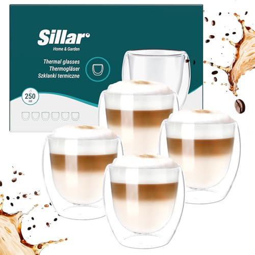 Sillar Doppelwandig Kaffeegläser 4 Stück x 250 ml Cappuccino Gläser Latte Machiatto | Großes Hitzebeständiges Doppelwandglas Thermogläser | Kaffeegläser temperaturbeständig Mokkatassen Teegläser