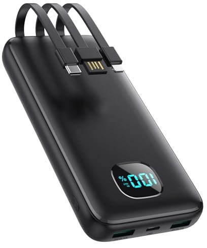 Power Bank Portable Charger with 3 Built-in Cables,Ultra Slim 13800mAh PD 3.0A USB-C Battery Pack,LCD Display 5 Outputs Travel Essentials Powerbank for iPhone 16/15/14/13/12 Series,Samsung,Android etc