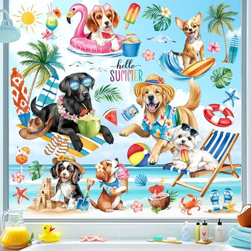 decalmile Summer Dog Puppy Double Sided Window Clings Golden Retriever Sun Beach Hawaiian Palm Tree Window Decals Anti-Collision Glass Window Doors Window Stickers