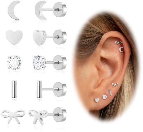 Flat Back Earrings for Women, 14K Gold Silver Screw Back Stud Earrings Hypoallergenic Surgical Steel Small CZ Stud Heart Bar Bow Cartilage Earring Sets for Tragus Helix Multiple Piercing (Silver)