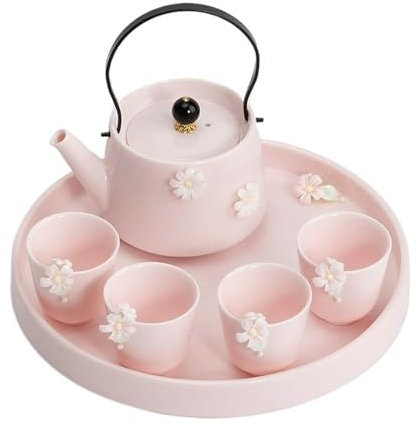 Vnook Ceramic teapot, with teapot and 4 teacups, modern tea service, teacup set, pink teapot set, for tea preparation at home and in the office afternoon tea tea service