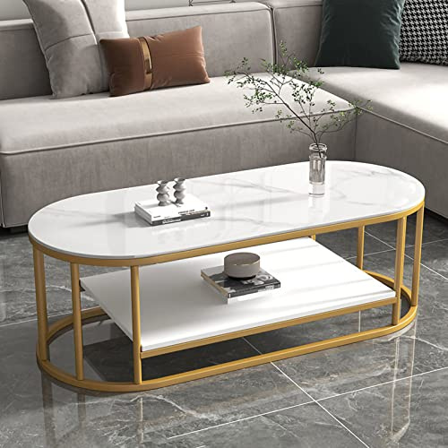 JWBXFYXW Moderner ovaler Kaffeetisch mit Lagerregal - Sintered Stone Top & Robus Metall Frame - Stylish Wohnzimmer Office Cafe Tisch - einfaches Baugruppe Funktionales Design