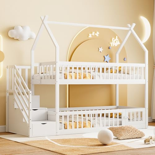 Etagenbett 90x200cm mit Stauraumtreppe Hausbett mit Dach Hochbett mit Rausfallschutz Standbett mit Holz Lattenrost Doppelbett Platzsparend Gästebett ohne Matratze weiß