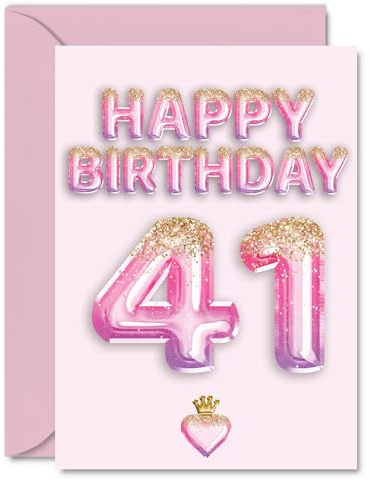 41st Birthday Cards for Women and Men, Pink & Purple Glitter Balloons | Happy Birthday Card for 41 Year Old Man Woman Neighbour Friend Auntie Son, A5 Bday Greeting Cards