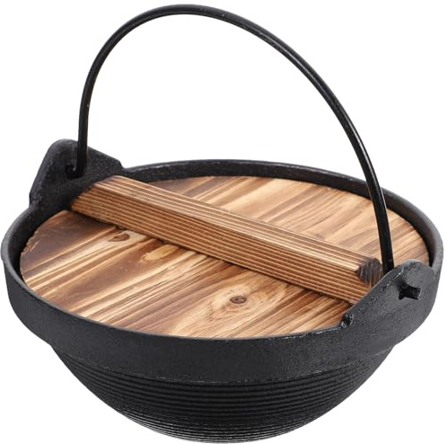 DIYEAH Olla de Hierro Fundido con Tapa de Madera Olla Japonesa Resistente Antiadherente para Sopa y Guisos Práctica para Cocinar al Aire de Diseño Simple y Seguro
