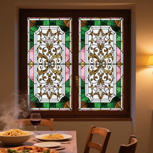 ANATTASOUL Luxus Jugendstil Muster Fensterbilder for Frühling Sommer | Doppelseitig Blickdichter Badezimmer Fensterbilder Kinderzimmer Wiederverwendbare Fensterbilder Frühling for Winter Herbst
