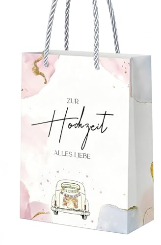 Geschenktüten Hochzeit Satz, Papiertüten mit Henkel 25x21x10cm mit 2 Geschenkpapier, Geschenktasche Tüte Hochzeit Rosa, Hochzeitsgeschenk Verpackung Geschenke für Brautpaar Brautpaar Braut Bräutigam