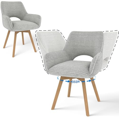 JIJIAN 2er Set 360° Drehbare Esszimmerstühle mit Armlehnen, Grau | Drehbar Stühle Esszimmer mit Holzbeinen, Moderner Küchenstuhl aus Cord, Polsterstuhl für Esszimmer, Küche, Wohnzimmer