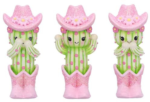 Nemesis Now Three Wise Cacti Figurines Set of 3 9.5cm – See Hear Speak No Evil Resin Cactus Statues with Pink Cowboy Hat, Cute Shelf Decor, Home Ornaments