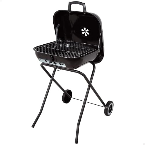 AKTIVE Barbacoa portátil con ruedas, Color negro, Mide 49x74x79 cm, Acero resistente, Patas plegables, Tapa con ventilación, Mini parrilla carbón extraíble (63178)