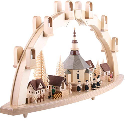 Richard Glässer Seiffen Schwibbogen Seiffener Kirche mit Pyramide, Länge 80 cm, Natur, original Erzgebirge