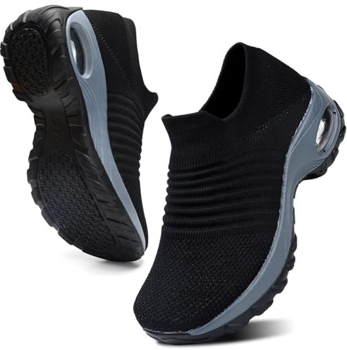 HKR Womens Walking Shoes Slip On Air Cushion Wedge Paltform Loafers Comfort Nursing Shoes Working Trainers Sneakers Lightweight Running Shoes , Black , 4 UK