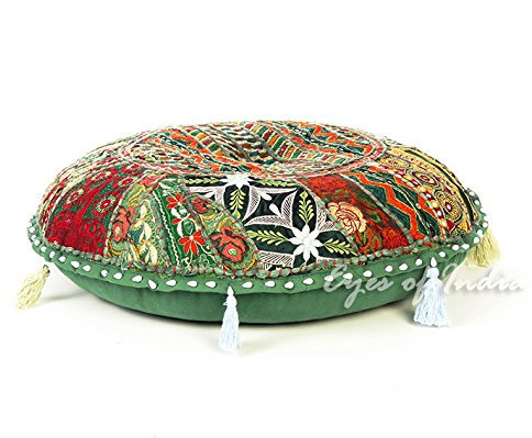 Eyes of India – runde, bunte Patchwork-Dekorative Bodenkissenbezug, Meditationskissen, Sitzüberwurf, indischer Boho-Stil, Bohemian-Stil, handgefertigter Bezug 28 in. (70 cm) diameter dunkelgrün