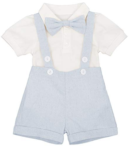 IWEMEK Baby Boys Formal Suit 1st 2nd Birthday Cake Smash Costume Toddler Suspender Gentleman Outfits Infant Romper Short Pants Bowtie Tuxedo Clothes for Newborn Baptism Light Blue 18-24 Months