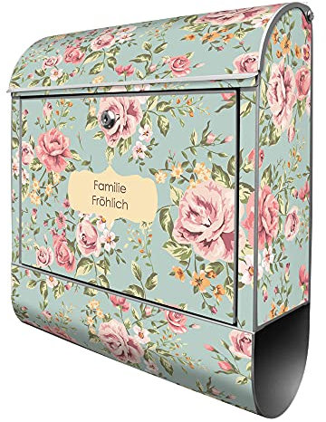banjado® Design Briefkasten personalisiert Altrosa Blume 38,5x46,5x13cm & 2 Schlüssel - Briefkasten Stahl Silber Zeitungsfach pulverbeschichtet - Postkasten A4 Einwurf inkl. Montagematerial