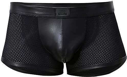 Herren Boxershorts Leder Netz Schwarz, Wetlook sexy Unterwäsche Herren, Boxershort mit Latex Lack Leder Optik, Dessous Erotik Reizwäsche für Männer, Trunks, Panty, Gogo Club und Swinger Kleidung (S/M)