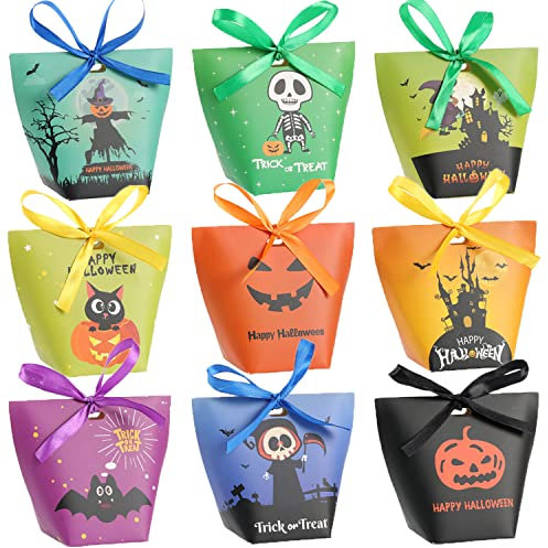 Halloween Süßigkeiten Taschen Leckereien Taschen - 36 Stück süße Papier Halloween Goodie Bags mit 36 Stück Schlüsselanhänger, 9 Muster Geschenktüten Halloween Party Favors für Kinder Halloween Dekor