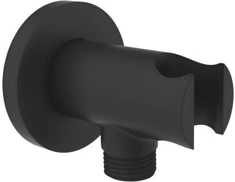 Aquaiaw Wall Supply Elbow with O-Ring Flange, Electroplate Matte Black, Solid Brass Wall Union with Hand Shower Holder, Tapered 1/2 NPT Female Inlet, Round, W/Handheld Showerhead bracket, G1/2 Outlet
