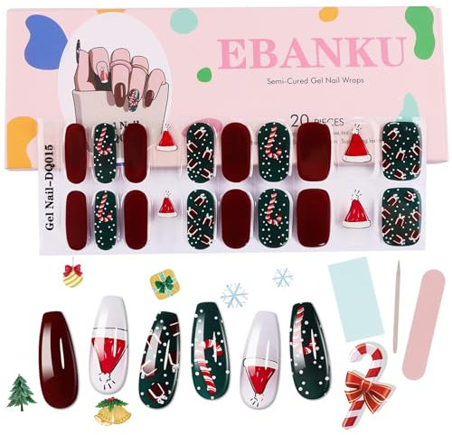 EBANKU Christmas Semi Cured Gel Nail Strips, 20PCS Christmas Gel Nail Stickers Long Lasting & Easy to Apply & Remove for Salon Quality Manicure - Red Hat Gifts