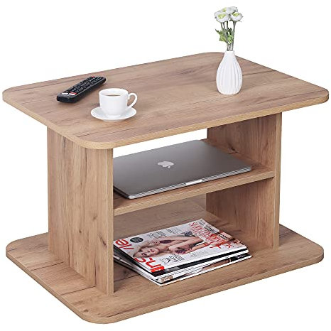 RICOO Couchtisch mit Stauraum 69 x 45 x 50cm, Couchtisch Holz, Wohnzimmertisch für Couch Eiche Gold Braun –WM094-EG, Tisch Wohnzimmer Tisch, Sofatisch, Coffee Table, Couchtisch klein, Couch Tisch