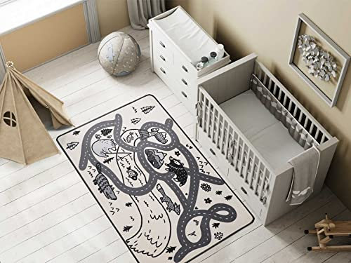 Primaflor Spielteppich Retro - 140x200 cm, Waldstraßen | Moderner Kinderteppich im skandinavischen Design | Straßenteppich, Teppich für Kinderzimmer mit Straßen | Kurzflor | Schwarz-Weiß