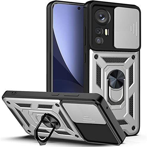 AENOCH Coque pour Xiaomi 12 Pro avec Cache Webcam & Support Annulaire à 360 Degrés, Anti-Chute Étui Housse Compatible avec Support De Voiture Magnétique, Argent