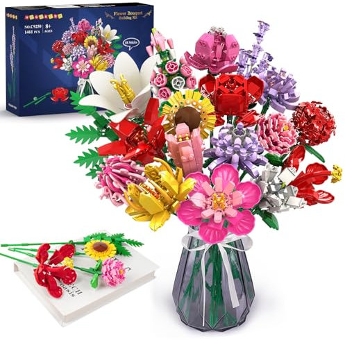 HOGOKIDS Blumen Bauset für Mädchen ab 8+ Jahren - 18 Blume Blumenstrauß Bausteine, 1464 Teilige Kunstblumen Pflanzen Bausatz, Botanik Kollektion Haushalt Deko, Kreatives Geschenk für Kinder Erwachsene