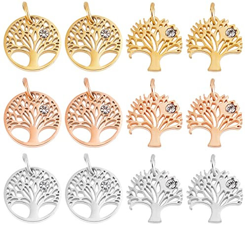 DICOSMETIC 12Pcs Doré Arbre Charmes 3 Couleurs Pendentifs Arbre de Vie Pendentifs en Acier Inoxydable Arbre Rond breloque 3mm pour Collier Bracelet Fabrication Bijoux