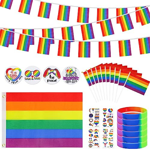 Meetory 26PCS Pride Flag Bunting, Rainbow Flag Gay Pride Accessories, 5FT X 3FT LGBT Flag, Lesbian Bisexual Flag, Hand Flags Banner Pride Tattoos Badge Bracelet for Parade Celebration Party