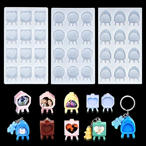 DeryArcle 3Pcs Heart Keychain Silicone Mould Mini Photo Frame Resin Moulds Key Ring Picture Frame Casting Molds Pendant Epoxy Resin Mold for DIY Hang Bag Phone Case Charms Desktop Decoration