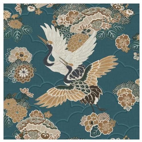 Akari Kyoto Cranes Floral Wallpaper Teal Rasch 282770