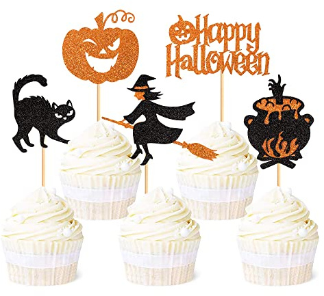 25Stk Glückliches Halloween Cupcake Topper Halloween Kuchen Topper | Hexe Kürbis Geister Katze Cupcake Topper Halloween Thema Babyparty Geburtstag Kuchen Torten Dekorationen Zubehör