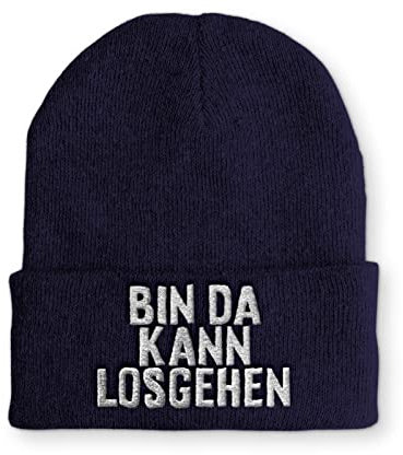 tshirtladen Bin da kann losgehen Statement Spruchmütze Beanie Mütze für Damen und Herren, Farbe: Navy