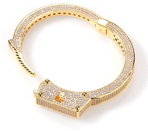 ICEDIAMOND Weißgold plattierte Hip Hop Iced Out Drama Handschellen Design Armreif, Mikro-Set helle Zirkonia Steine mit langem gezackten Schloss Schnalle Armband für Männer (Gold)