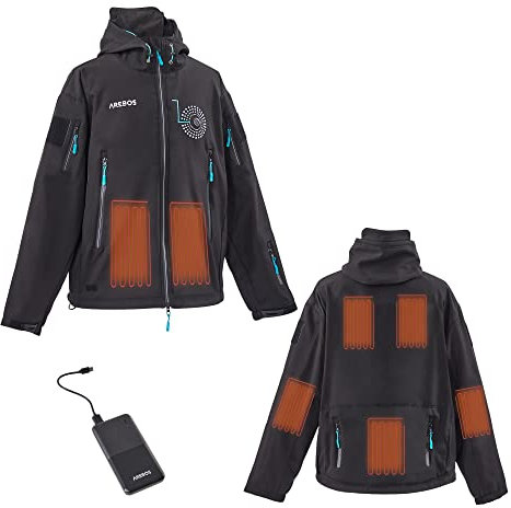 Arebos Wasserdichte Winterjacke | Beheizbare Soft Shell Jacke mit Kapuze Unisex 7 Heizzonen & 3 Heizstufen | inkl. Powerbank 10000 mAh TÜV geprüft | Winddicht, maschinenwaschbar | Gr.S