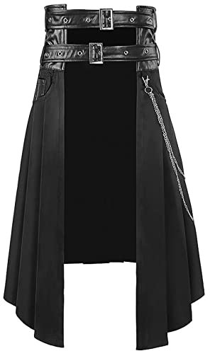 Herren Renaissance Rock Knielang mit Schnalle und Riemen Gothic Rock Faltenrock Hohe Taille Herren Gothic Steampunk Midi-Rock Herren schwarzer Kilt mit aufgesetzter Tasche