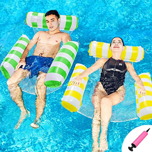 SHENGMEI Großer aufblasbarer Poolstuhl, 2er-Pack, aufblasbare Pool-Schwimmbecken für Erwachsene und Kinder, schwimmend mit Netzstoff, aufblasbares Poolbett, Wasserlounge Party (gelb + grün), blau rot