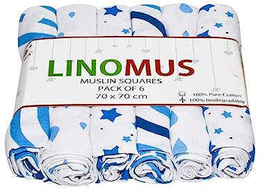 Linomus Muslin Squares-Pack of 6 (70 x 70 cm) -Soft, Absorbent & Breathable 100% Pure Cotton Muslin Cloths for baby-Ideal to Clean, Wipe & Cover Newborns-Light & Dark Blue Galaxy Theme