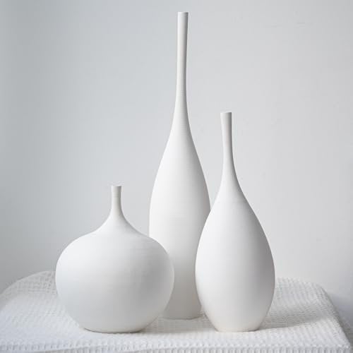 Relexome Weiße Keramik Vasen 3er-Set, Moderne Skandinavische Deko Vasen, Wabi-Sabi Blumenvasen, Boho Home Decor für Pampasgras & Trockenblumen, Matt Minimalistisch für Wohnzimmer, Tisch, Regal