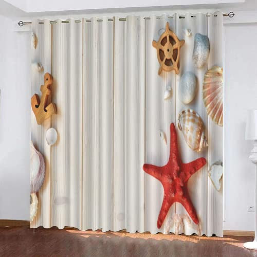3D Impression Conque Coquille Rideaux Thermiques Isolants Lot de 2 Perle étoile De Mer Rideaux Occultant 140x180 cm Rideaux à Oeillets pour Chambre Salon Maison Bureau Fenêtre