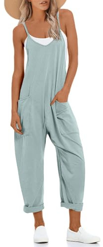 UNIANKIYA 2024 V Neck Sleeveless Loose Fit Overalls One Piece Jumpsuits For Women Spaghetti Strap Harem Long Pants with Pockets