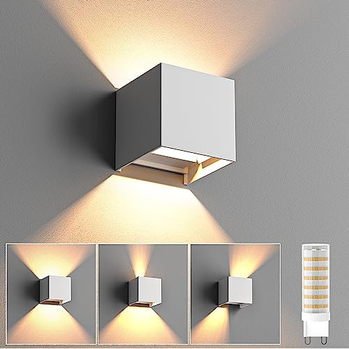 HaoDrisk Wandlampe mit Austauschbarer G9 LED Lampe Warmweiß 3000K Wandlampen Modern Einstellbar Abstrahlwinkel IP65 Wasserdichte Wandleuchte Innen/Aussen Aluminium Wandleuchte Weiß