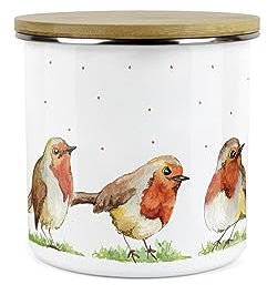 Purely Home Robins Storage Canister - Birds Nature Animals Metal Enamel Medium Sized Food Storage Container