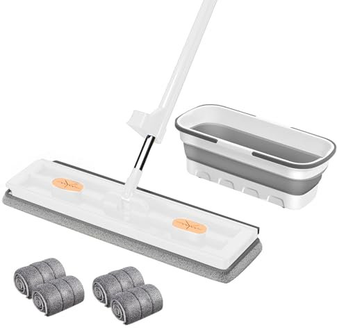 Kit Balai Serpillère et Seau, Grande Serpillière Plate avec Tampons en Fibre Super Absorbants et Utilisation Humide et Sèche, Compression Automatique de l'eau (Set, Blanc + Gris)
